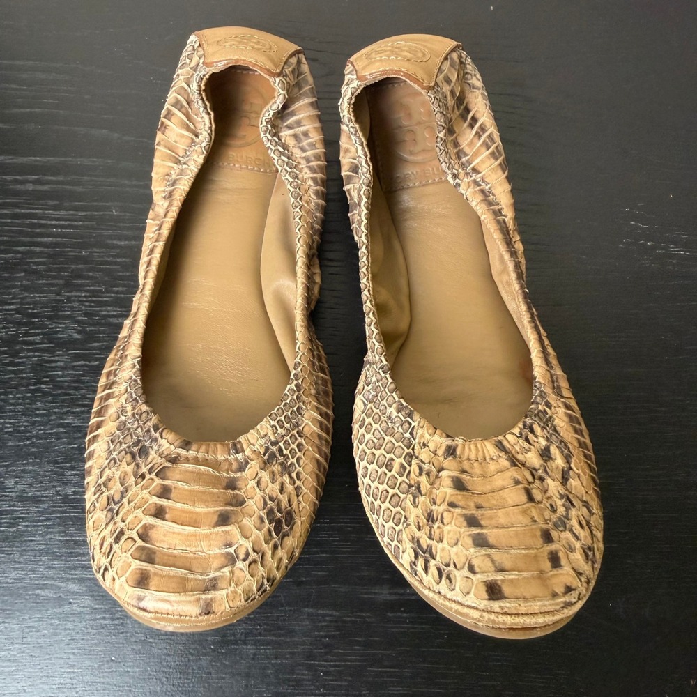 Tory Burch Reva Snakeskin Embossed Leather Ballet Flats Tan Brown Women Size 6.5